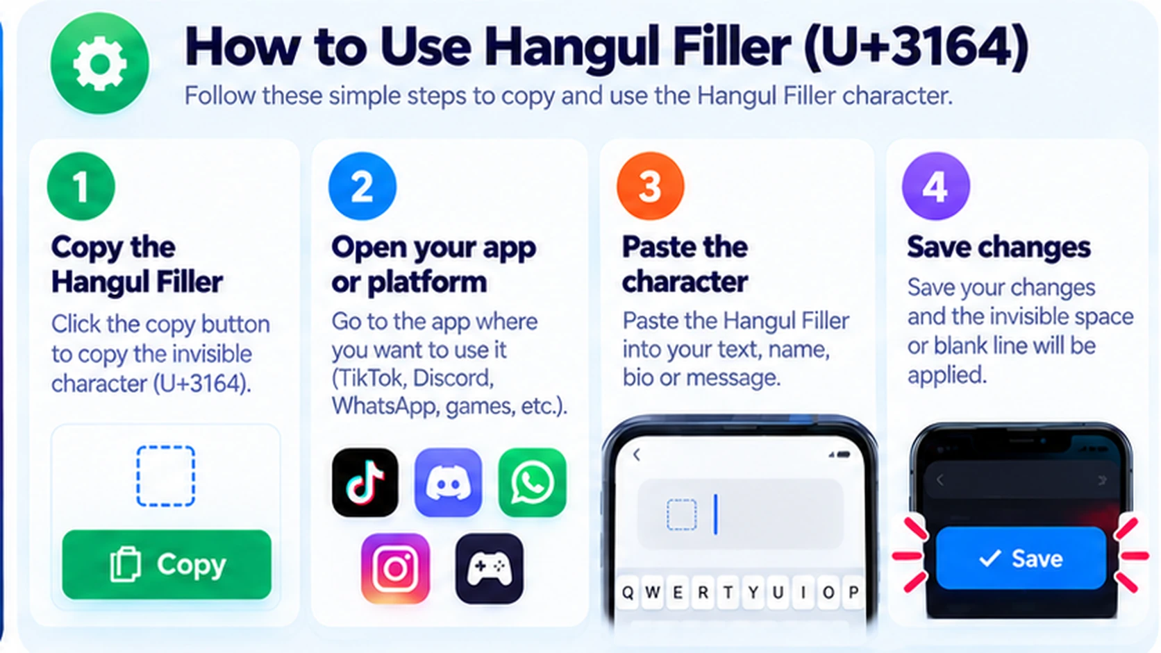 Four steps to copy and use Hangul Filler U+3164