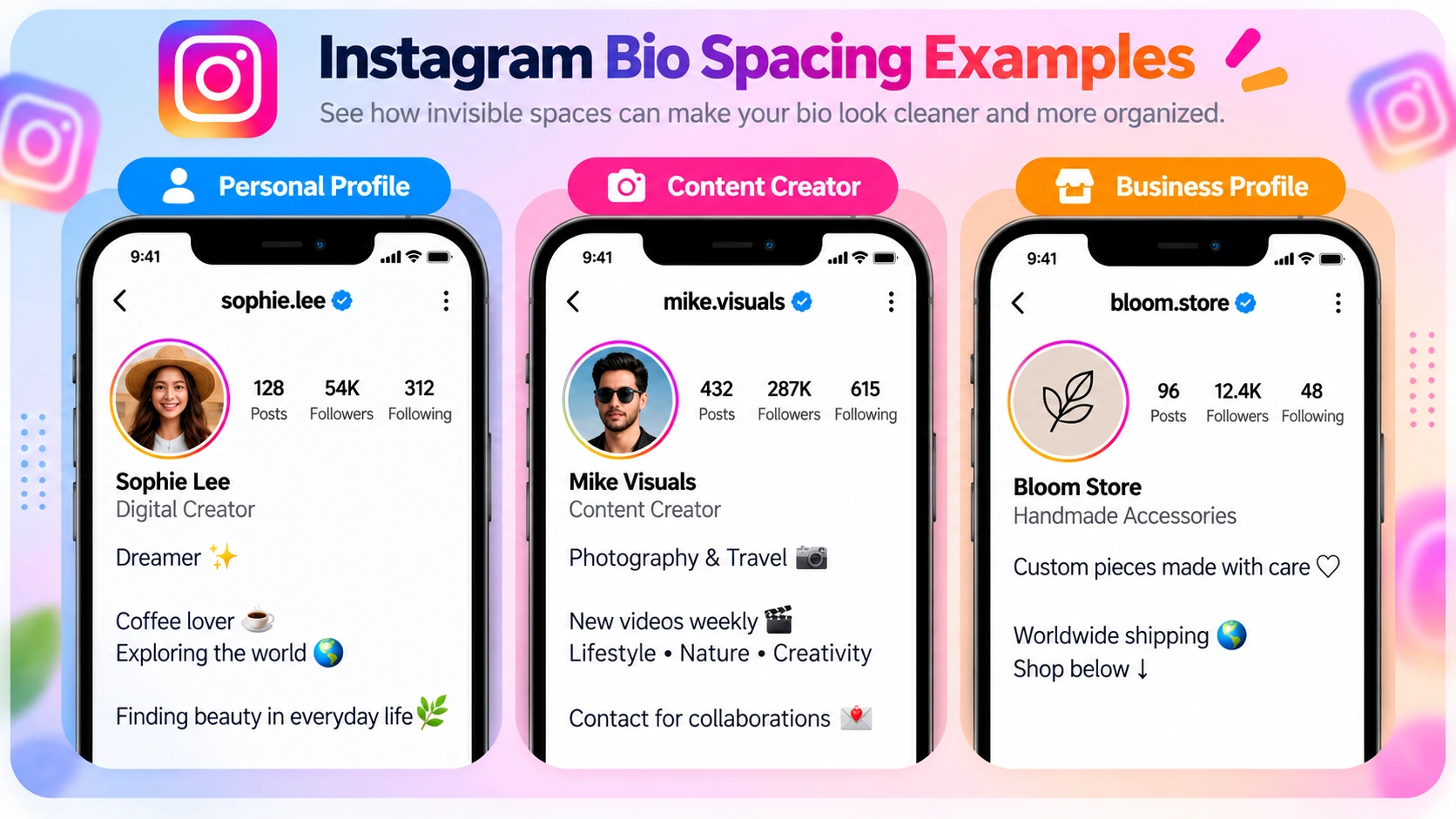 Illustrated examples of spaced Instagram bios for personal, creator, and business profiles