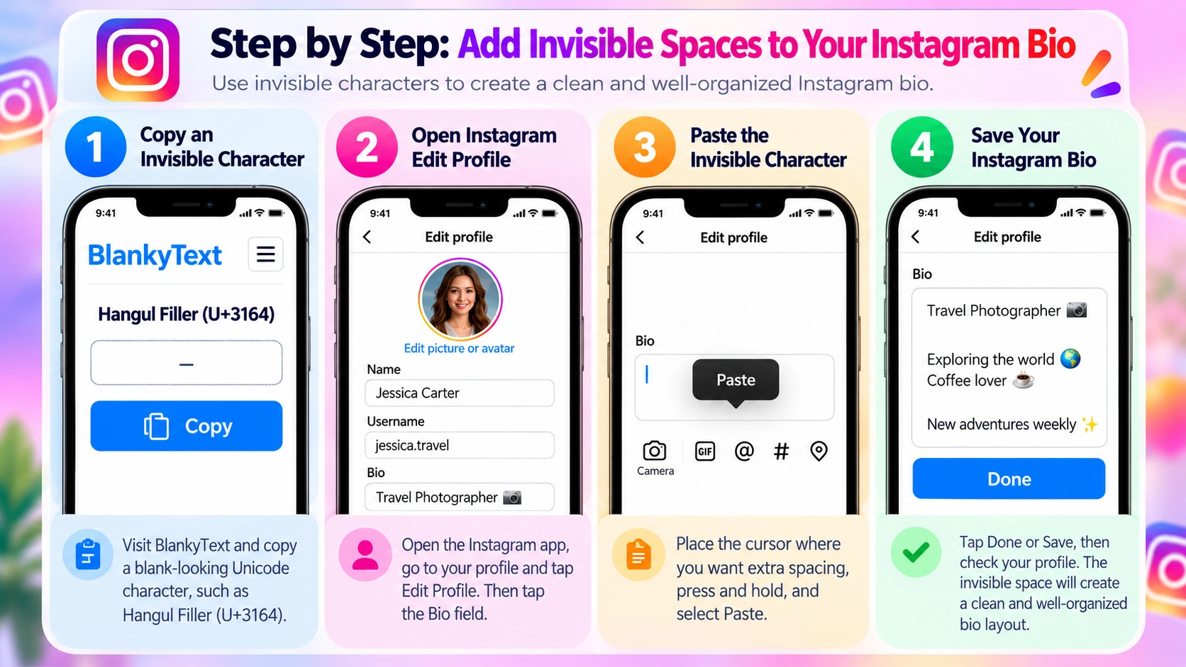 Four illustrated steps for copying an invisible character and pasting it into an Instagram bio