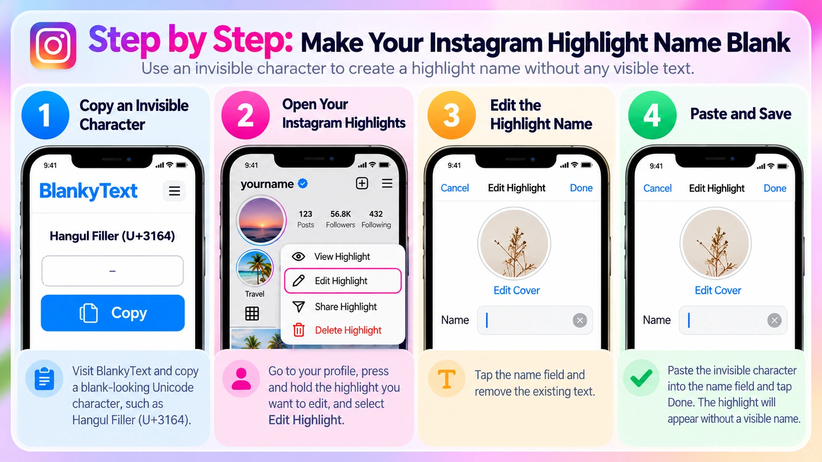 Four illustrated steps for making an Instagram Highlight name look blank