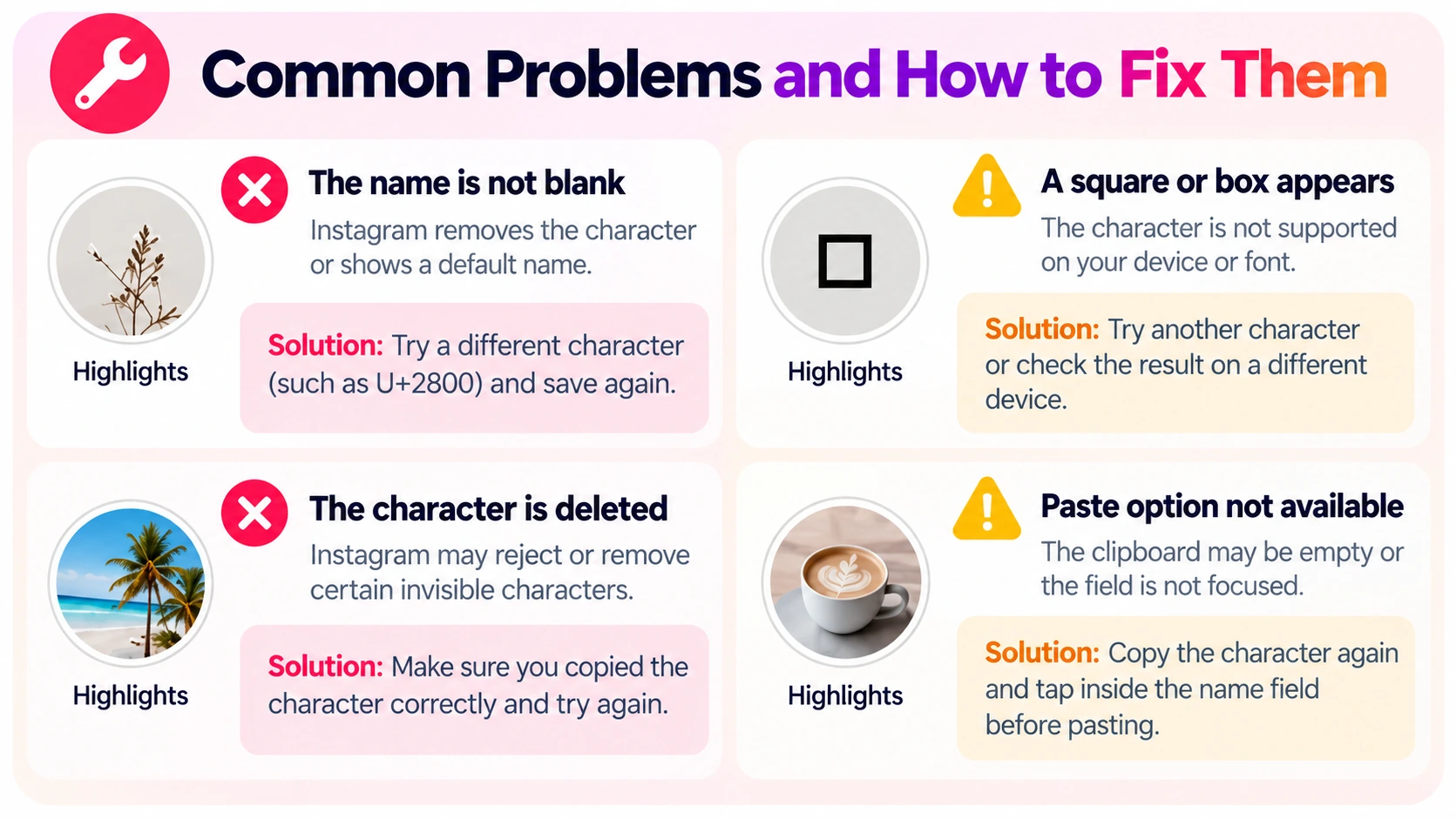 Troubleshooting invisible Instagram Highlight titles, including rejected characters and missing paste options