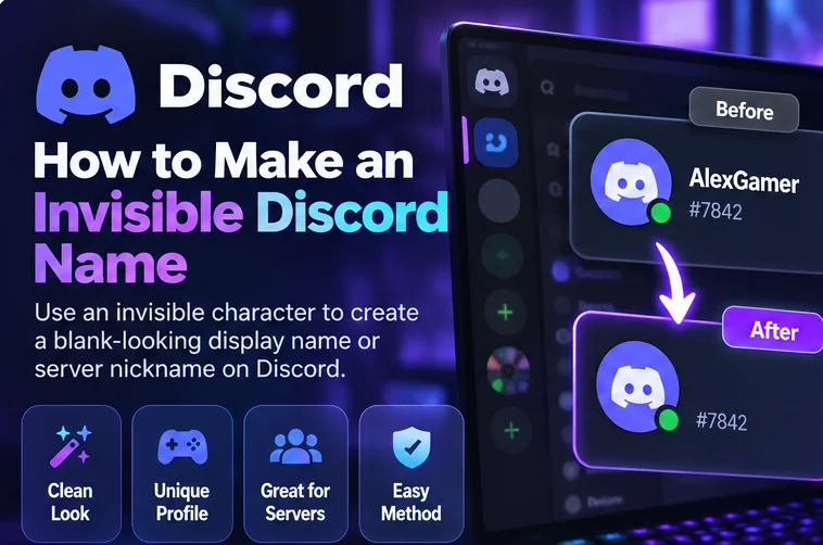 Dark editorial illustration of a Discord-style profile before and after testing a blank-looking display name