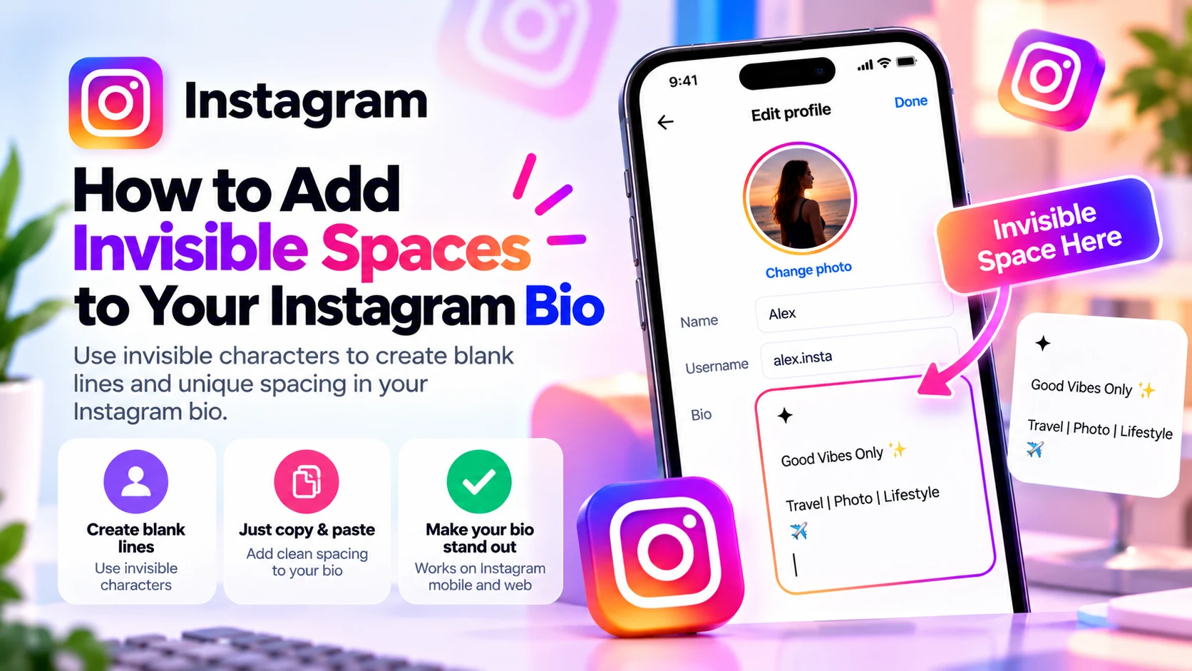 Illustrated Instagram bio before and after adding blank-looking spacing between lines