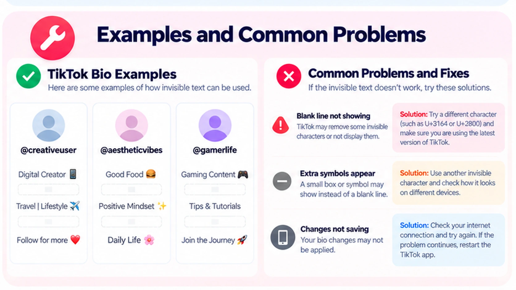 Three TikTok bio formatting examples and troubleshooting tips