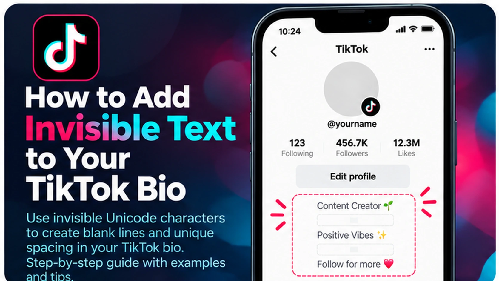 TikTok bio example using invisible Unicode spaces to separate lines
